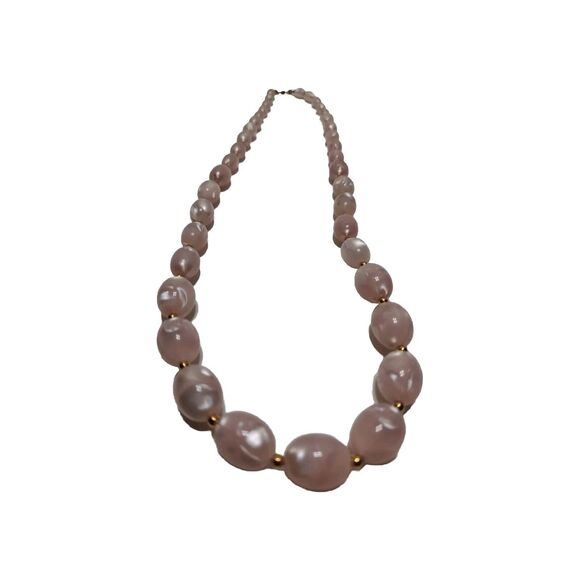 MONET Necklace Lucite Bead Graduated Pink Swirl Gold Tone Signed 24” Vintage - Picture 2 of 7